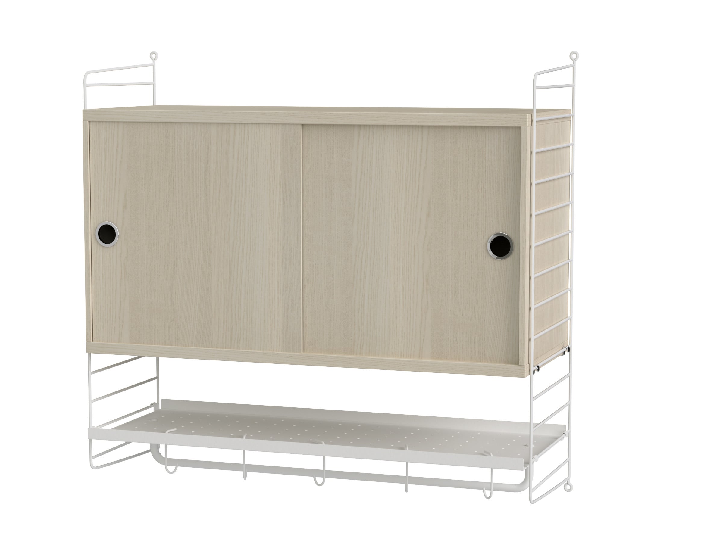 Wall-hung combination perfect to mount in your bedroom. Cabinet with sliding glass doors to keep precious items like jewellery safe but still part of your interior. A metal shelf to place all the items you need easy access to. Maximize your combination and use the rod to hang clothes on and use the hooks to keep your bags in order.