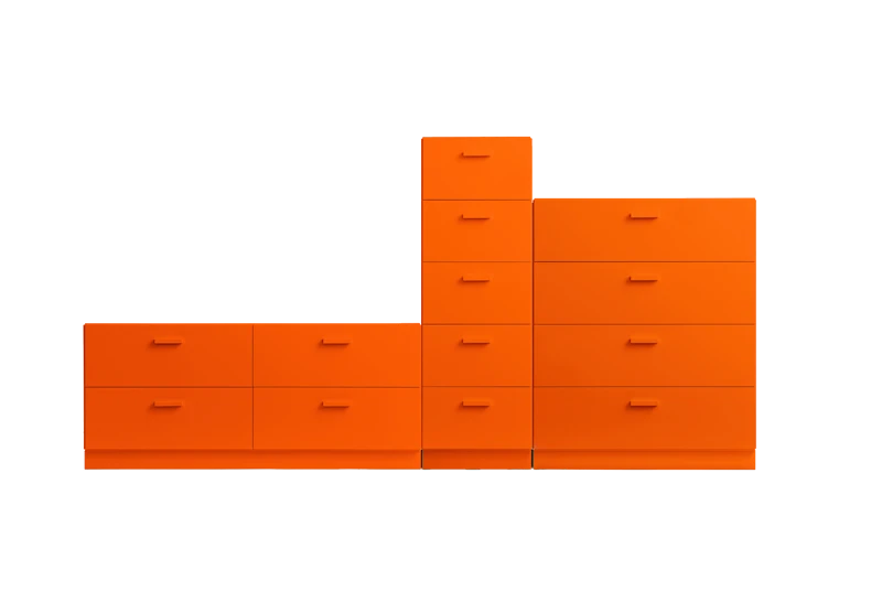 One low, one tall and one wide Relief drawer with plinth  Orange