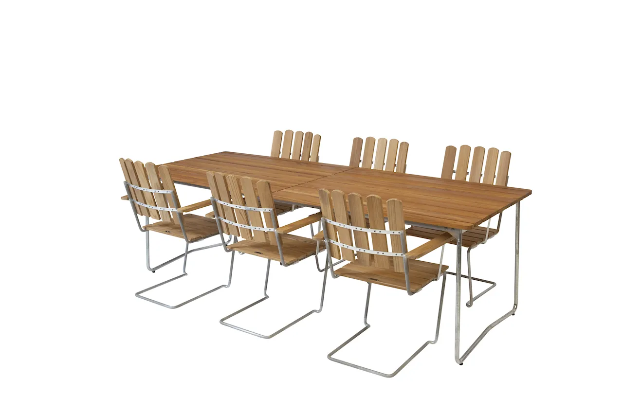 Matgrupp Bord B31 230 & 6x Fåtölj A2 Teak/varmförzinkat