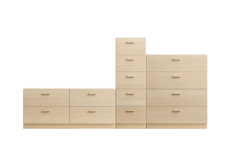 One low, one tall and one wide Relief drawer with plinth  Ash