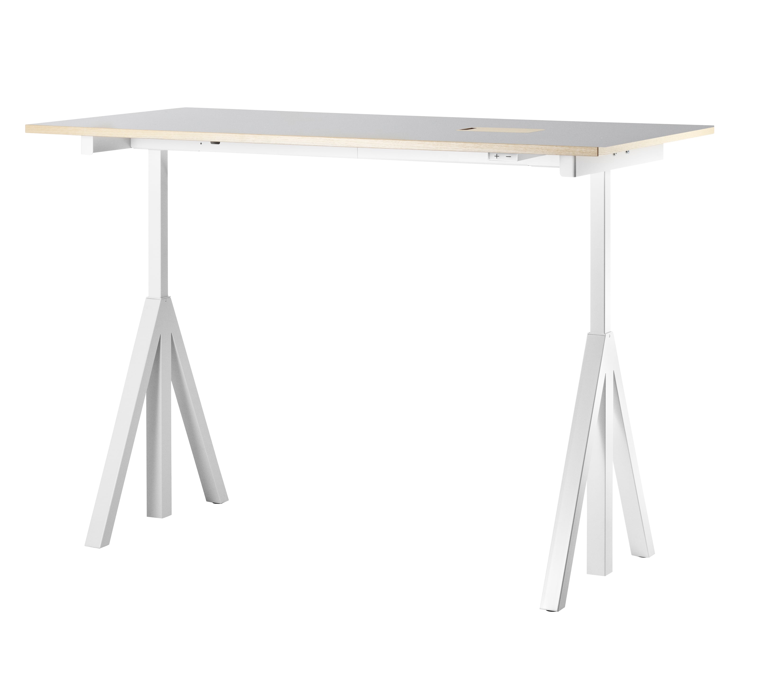 The height-adjustable work desk from Works makes it possible to create flexible and ergonomic workspaces. The work desk consists of one height-adjustable table frame and one work desk with cable cover. The work desks with 78 cm depth are available in three widths: 120, 140 and 160 cm. The work desk with 90 cm depth and 180 cm width is intended for a meeting table or for a larger workspace, which is why the cable cover is placed in the middle. The frame’s highest height is 118.5 cm and the lowest height is 71.5 cm and fits to all work desks.