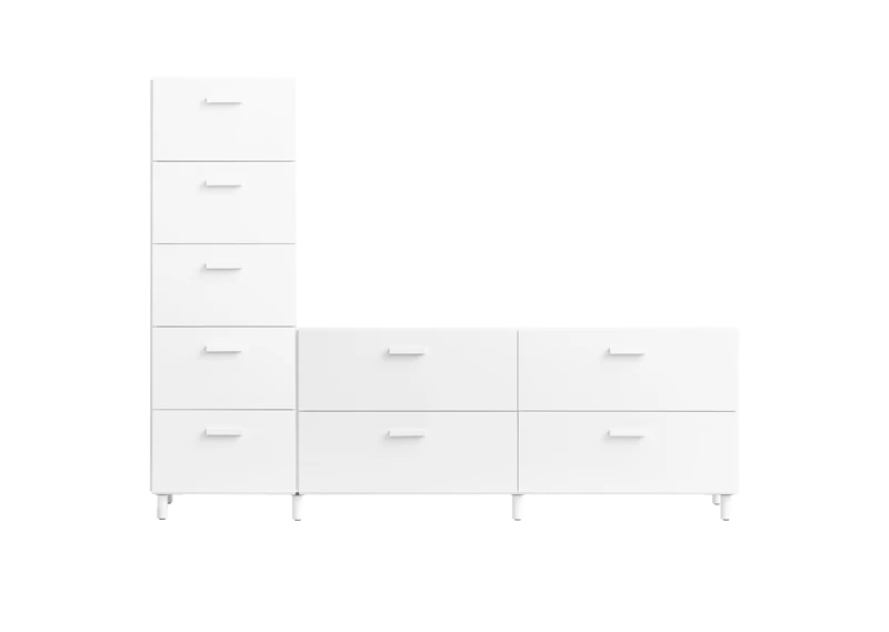 One low and one tall Relief drawer with legs  White
