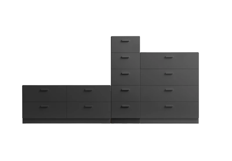 One low, one tall and one wide Relief drawer with plinth  Grey