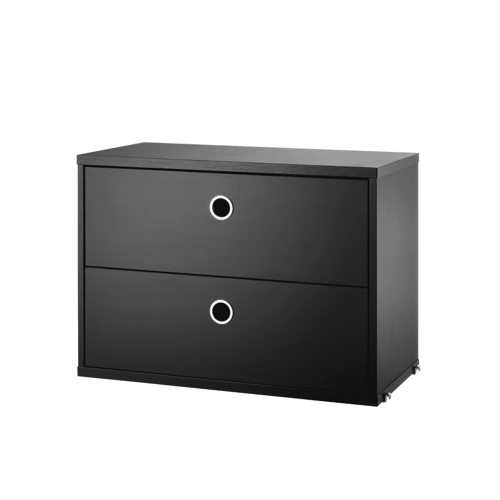 Les caissons tiroirs sont disponibles en deux largeurs, 78 et 58 cm, et en une seule profondeur, 30 cm. Les caissons tiroirs sont compatibles avec tous les montants grillagés et plexi String® System d’une profondeur de 30 cm. Ils disposent de deux tiroirs pour offrir des rangements dissimulés dans votre combinaison d’étagères. Les caissons tiroirs s’intègrent parfaitement dans l’entrée, le salon ou la chambre d’enfant, où les besoins en matière de rangements dissimulés sont souvent importants. Caisson tiroirs l58 x p30 x h42 cm possédant les dimensions intérieures suivantes (pour chaque tiroir) : profondeur 23,7 cm, largeur 51,3 cm et hauteur 16 cm. Caisson tiroirs l78 x p30 x h42 cm possédant les dimensions intérieures suivantes (pour chaque tiroir) : profondeur 23,7 cm, largeur 71,3 cm et hauteur 16 cm. Les caissons tiroirs sont livrés démontés.