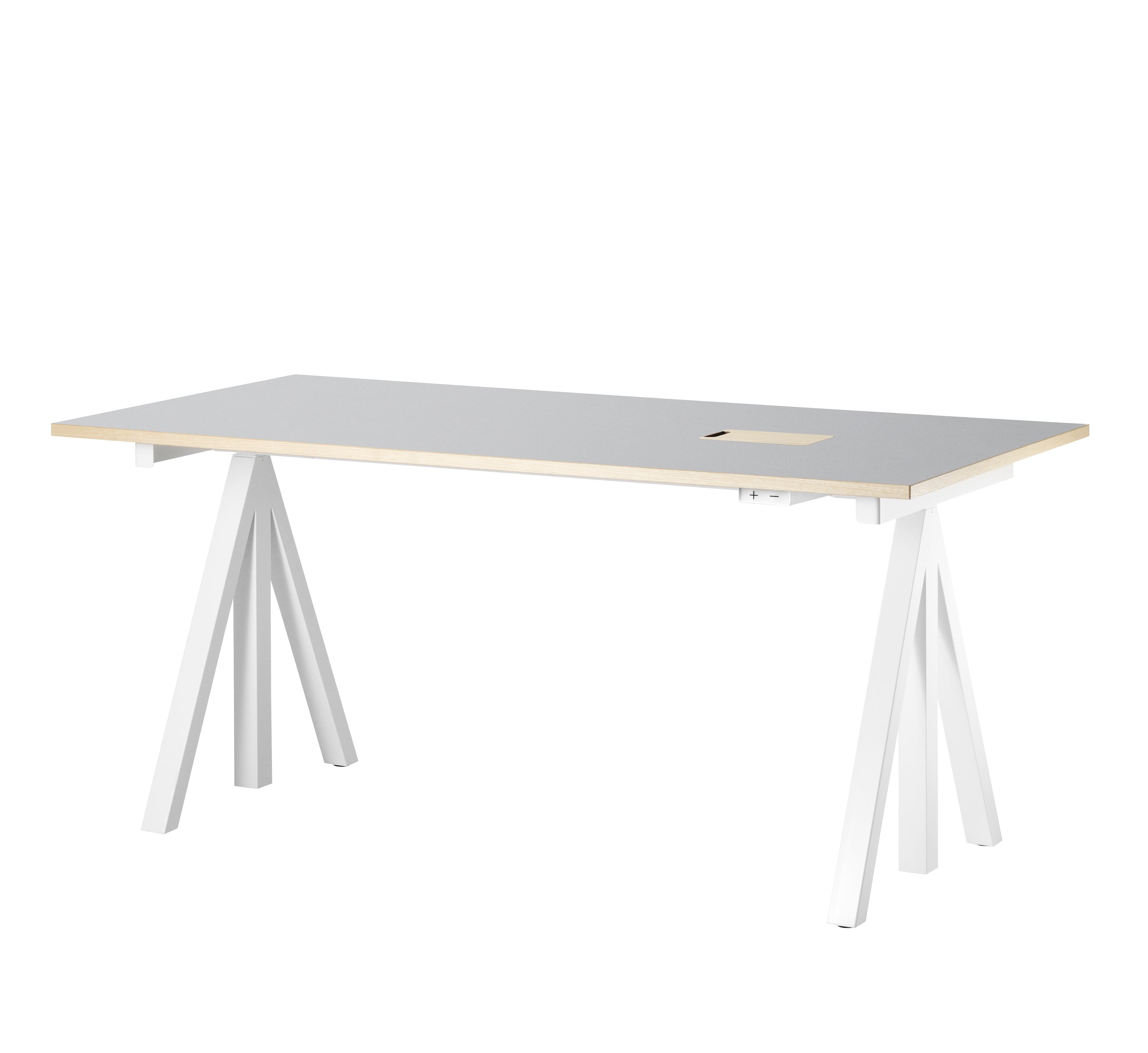 Height-adjustable work desk 160x78 White/Light grey linoleum with edging in ash
