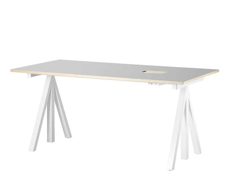 Height-adjustable work desk 160x78 White/Light grey linoleum with edging in ash