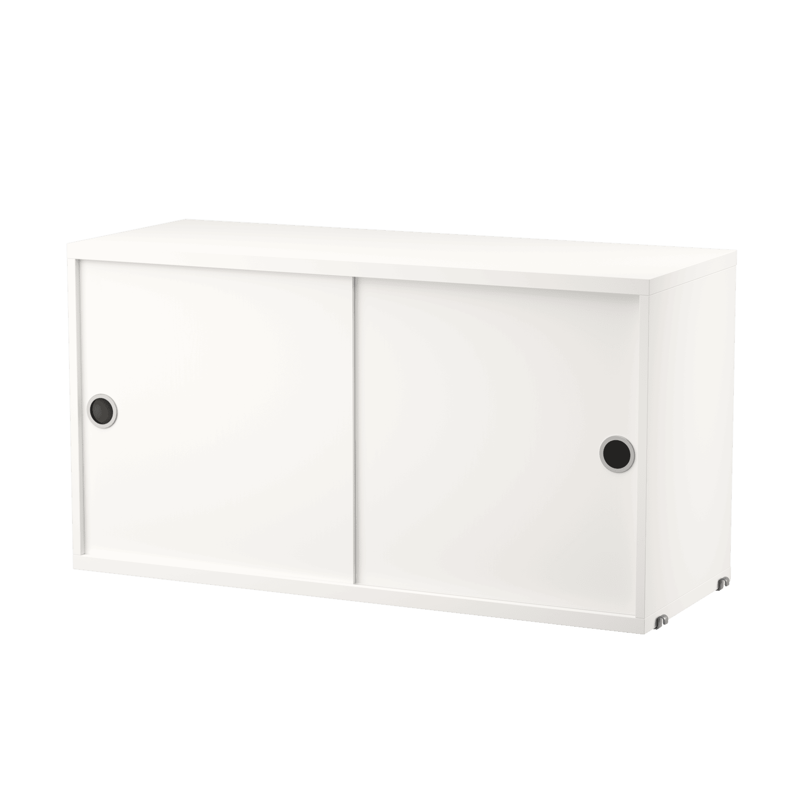 The cabinets with sliding doors are available in one width, 78 cm, along with two depths, 20 and 30 cm. The cabinets fit into all wire and plex panels from String® System. It is visually pleasing to add a bolder element to your shelf, like a cabinet, which also give you a lot of extra storage. The cabinet consists of one divider placed in the middle along with two adjustable inner shelves. The cabinet’s inner dimensions are 4 cm less than the outer dimensions. The cabinets are delivered unassembled.