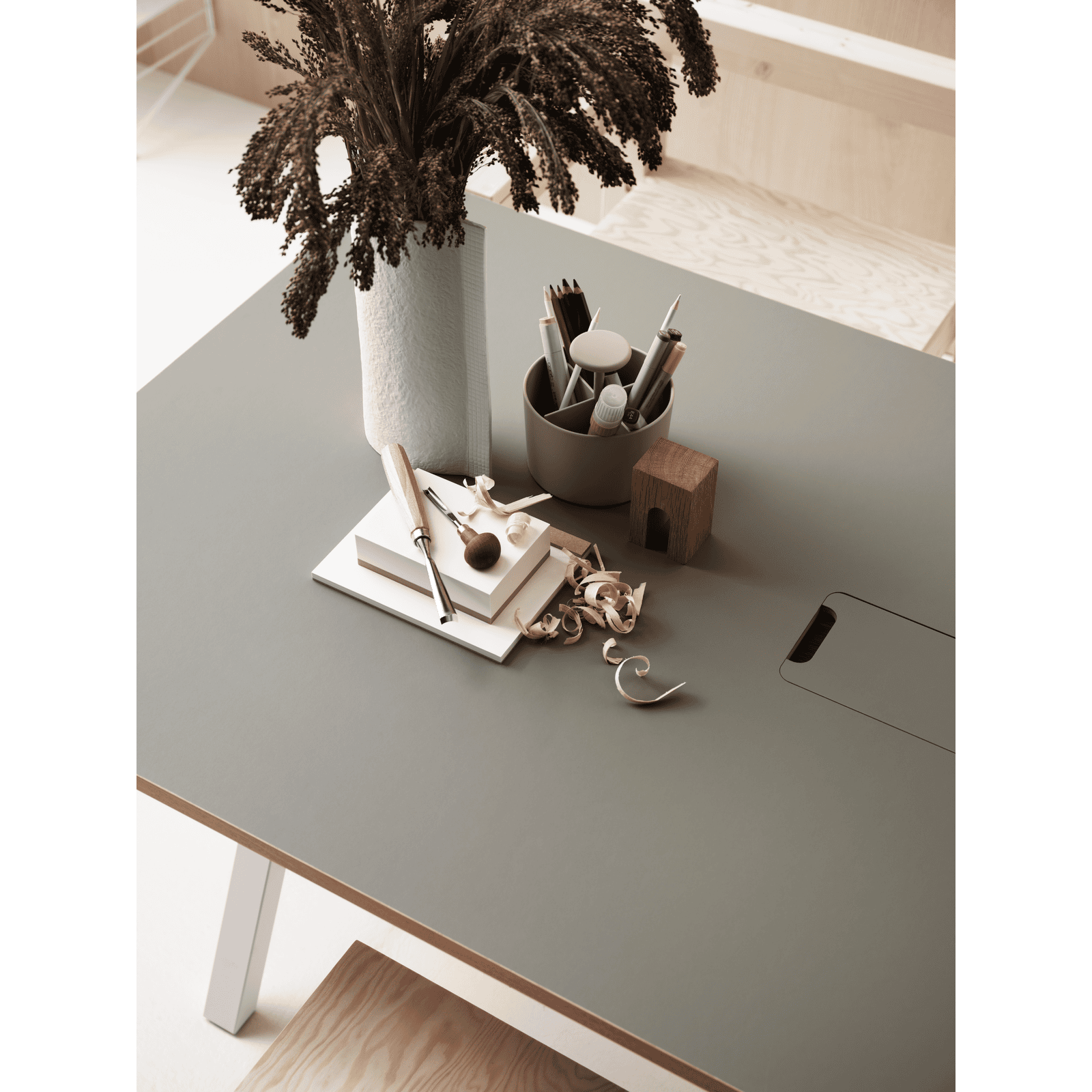 Desktop w120 x d78 cm Light grey linoleum with edging in ash