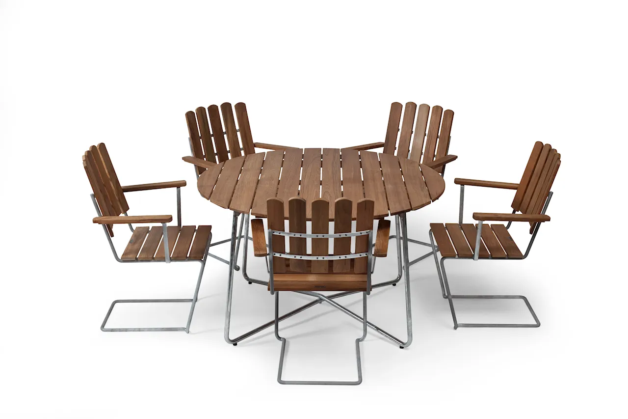 Matgrupp Bord 9A 120 & 5x Fåtölj A2 Teak/varmförzinkat