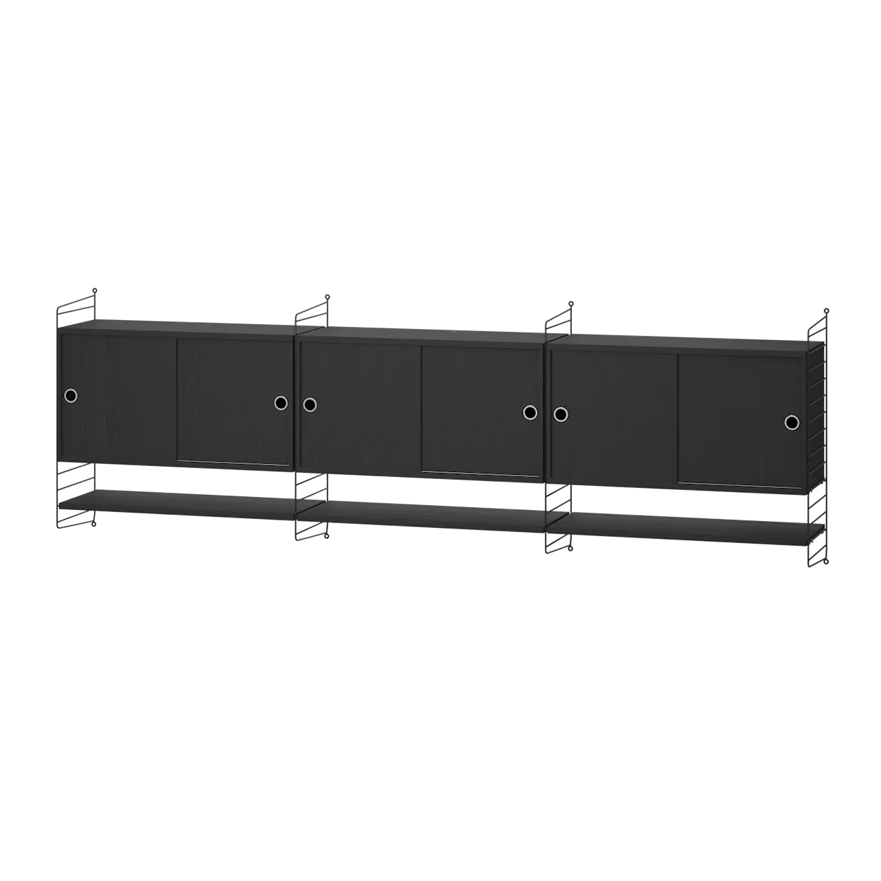Product Image for String Vardagsrum E Svart/Svartbetsad ask Vägghängt sideboard med tre skåp & hyllplan, 240cm