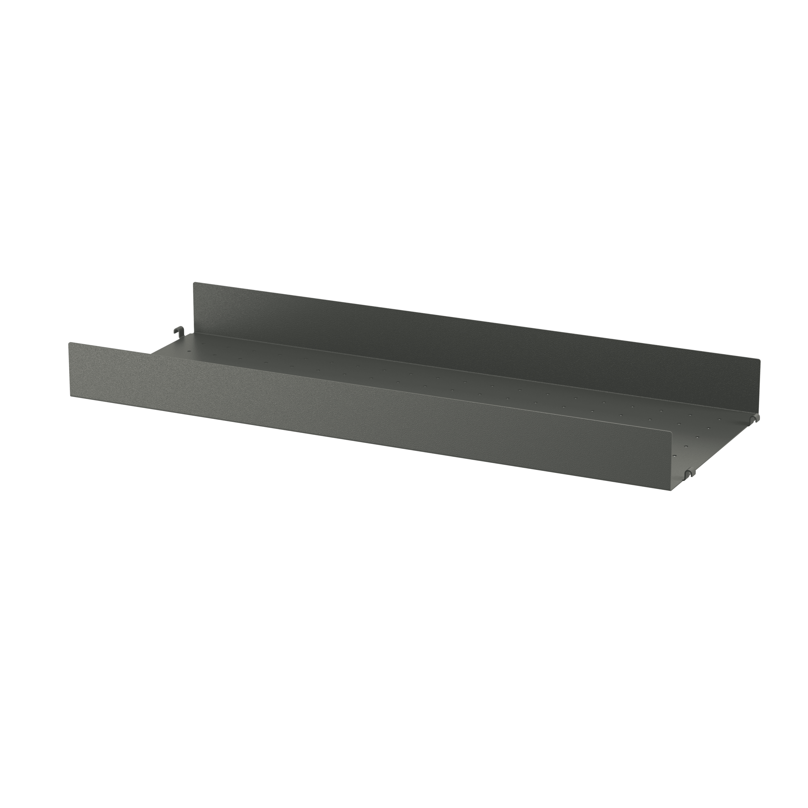 The metal shelves with high edge are available in two widths, 58 and 78 cm, along with two depths, 20 and 30 cm. The shelves are easy to move around and fit into wire and plex panels from String® System if the shelves and panels have the same depth. The 7 cm high edge creates character and valuable storage space. The perforated shelves are the optimal base to be creative with our accessories. Add hooks, rods, or hanger racks to design your own unique shelf. Each packaging contains one metal shelf.