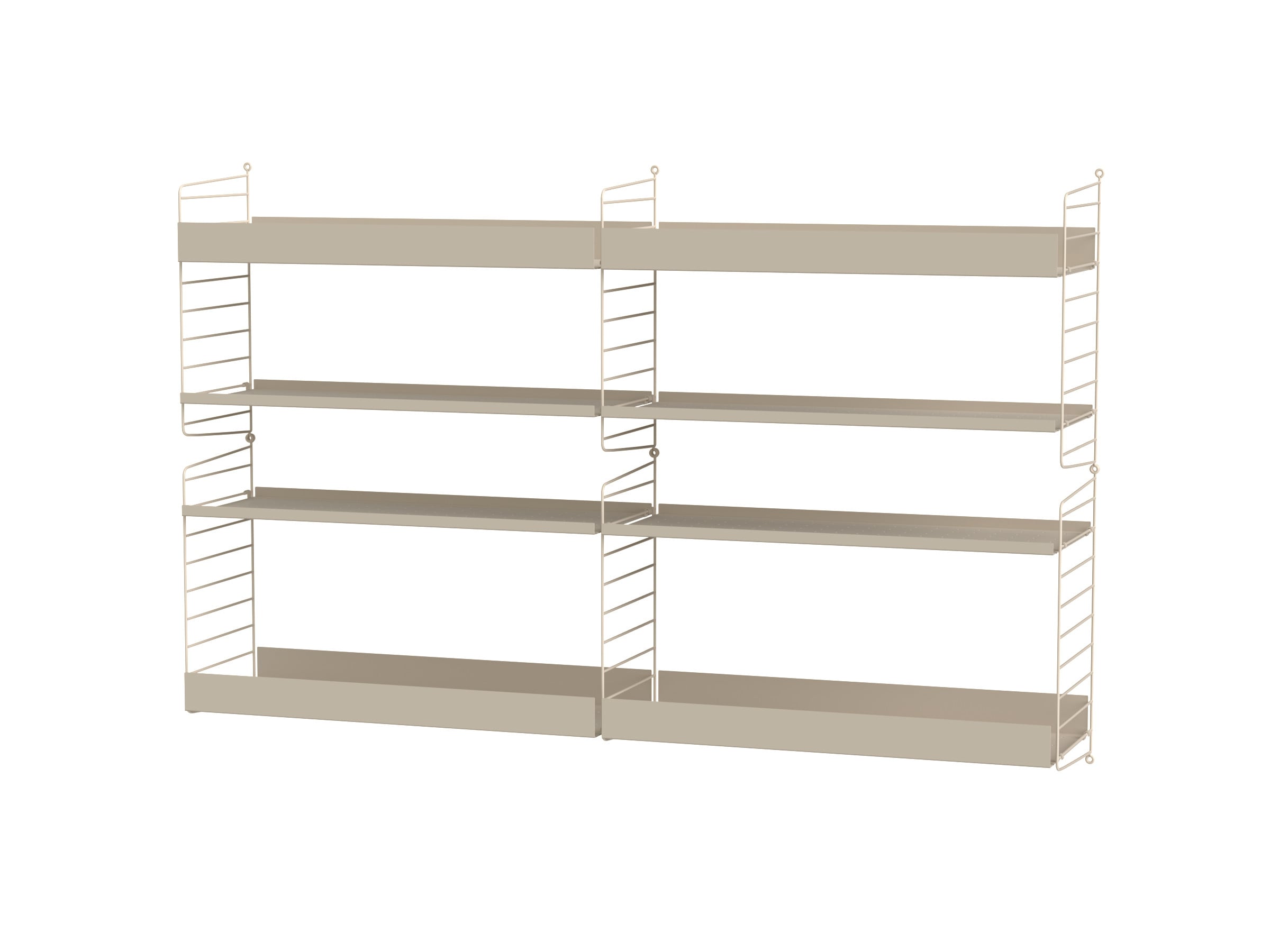 Wall-hung combination with a mix of metal shelves with high and low edge. Aesthetically pleasing to look at with convenient high edges to hide things like the TV remote control.