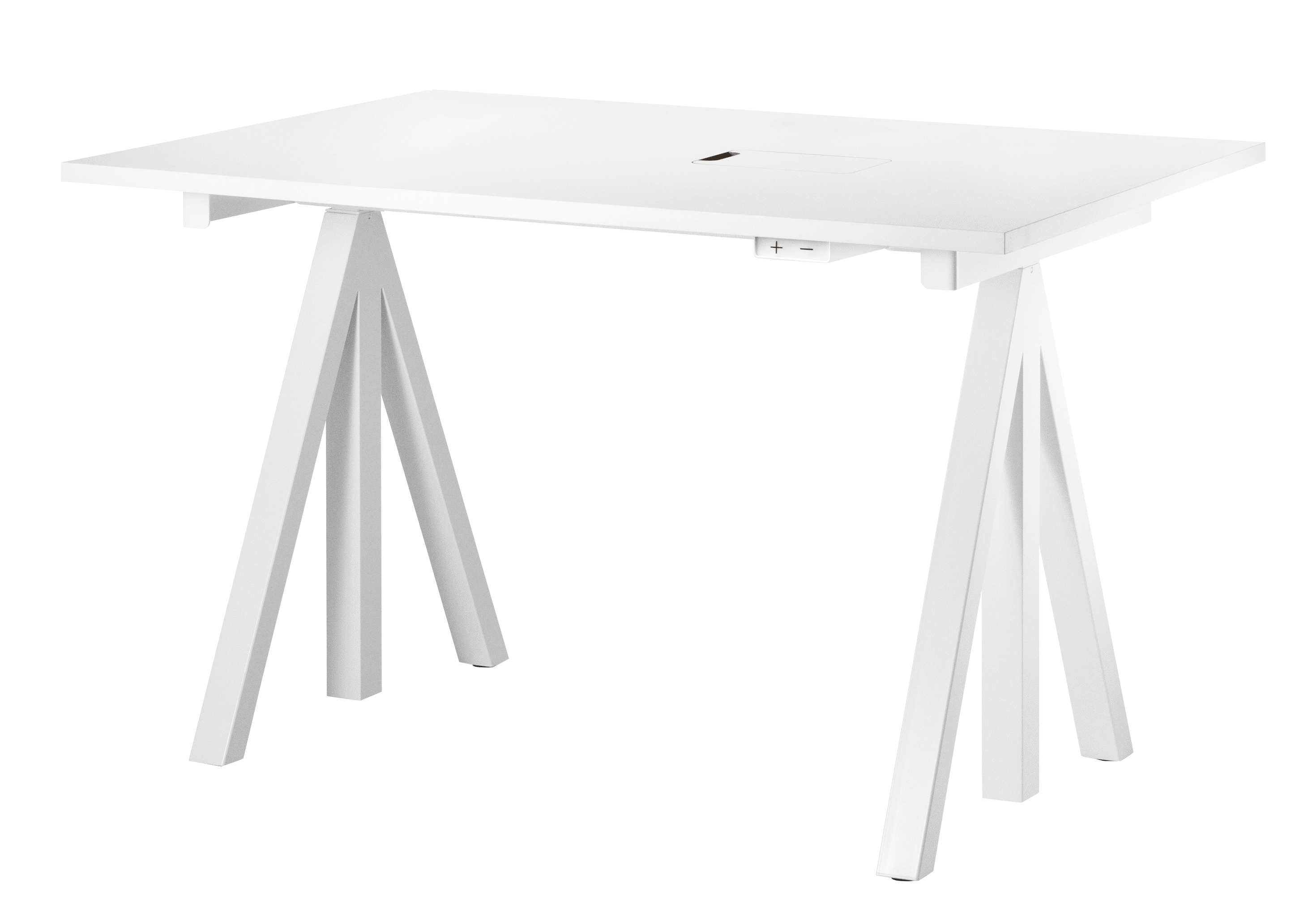 The height-adjustable work desk from Works makes it possible to create flexible and ergonomic workspaces. The work desk consists of one height-adjustable table frame and one work desk with cable cover. The work desks with 78 cm depth are available in three widths: 120, 140 and 160 cm. The work desk with 90 cm depth and 180 cm width is intended for a meeting table or for a larger workspace, which is why the cable cover is placed in the middle. The frame’s highest height is 118.5 cm and the lowest height is 71.5 cm and fits to all work desks.