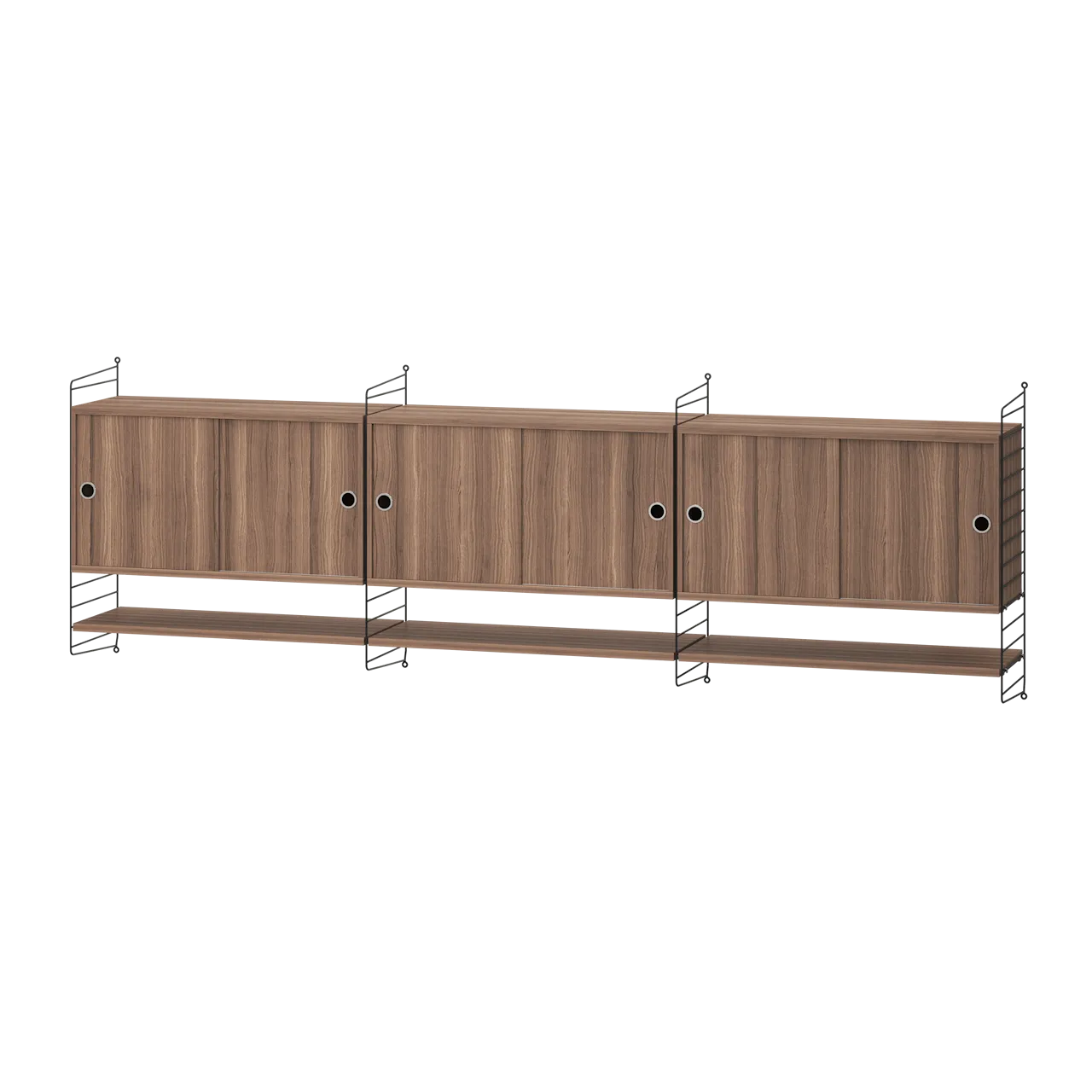 Product Image for String Vardagsrum E Svart/Valnöt Vägghängt sideboard med tre skåp & hyllplan, 240cm
