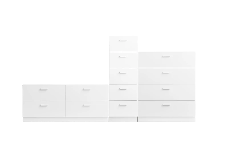 One low, one tall and one wide Relief drawer with plinth  White