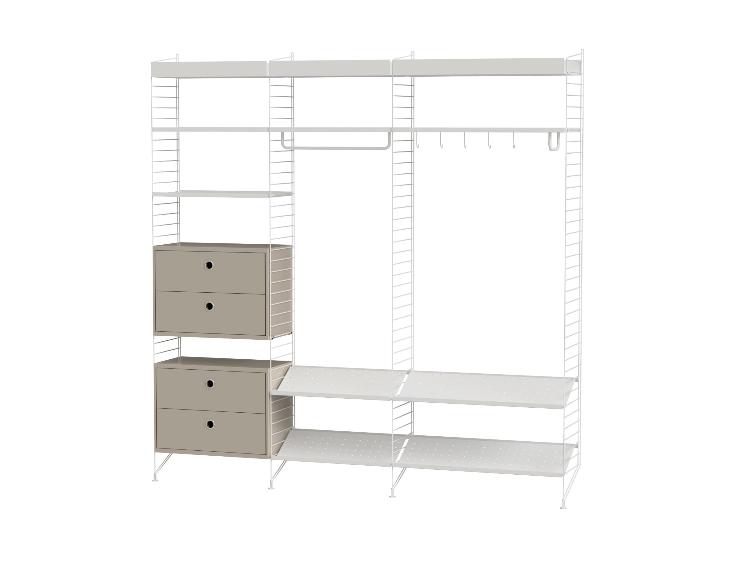 Are you blessed with a spacious hallway? Then we have the perfect solution for you. This combination truly has it all. Drawers, shoe shelves, metal shelves with high and low edge and plenty of opportunities to place the accessories, rods and hooks, wherever you prefer.