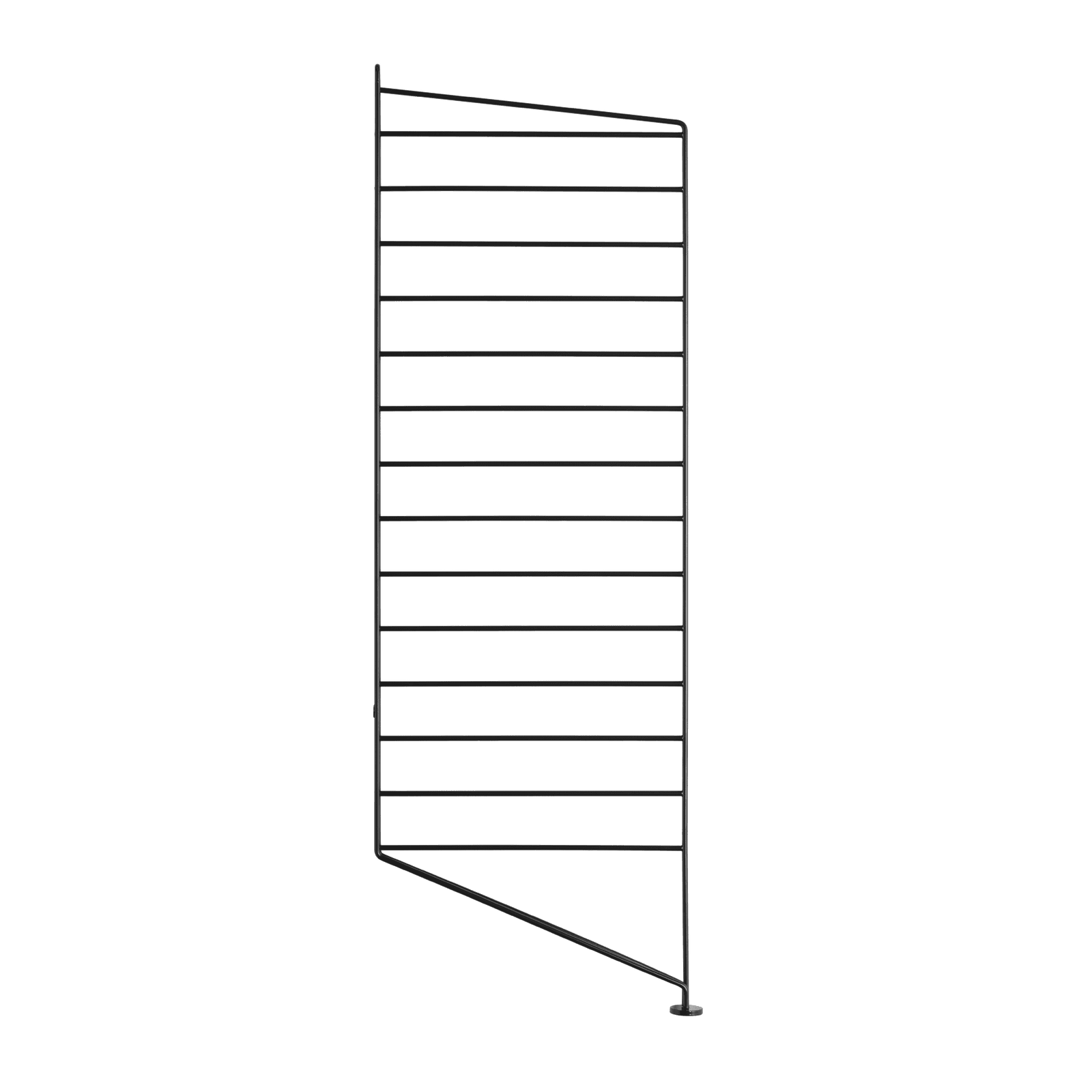 The floor panels are available in three heights, 85 cm, 115 cm, 200 cm along with one depth, 30 cm. The panels are the base when building your string shelf. When the panels are decided you can start adding products with 30 cm depth from String® System. Choose among shelves, cabinets, drawers, magazine shelves and more. The foot of the floor panel rests against the floor which makes the shelf stable while appearing light and airy. Make your shelf even more functional and unique by adding organizers, knife holder or a magazine holder, which all are placed on the panel’s threads. The panels come in two different packaging’s, either with one floor panel or two floor panels.