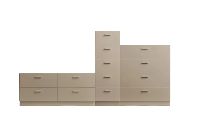One low, one tall and one wide Relief drawer with plinth  Beige