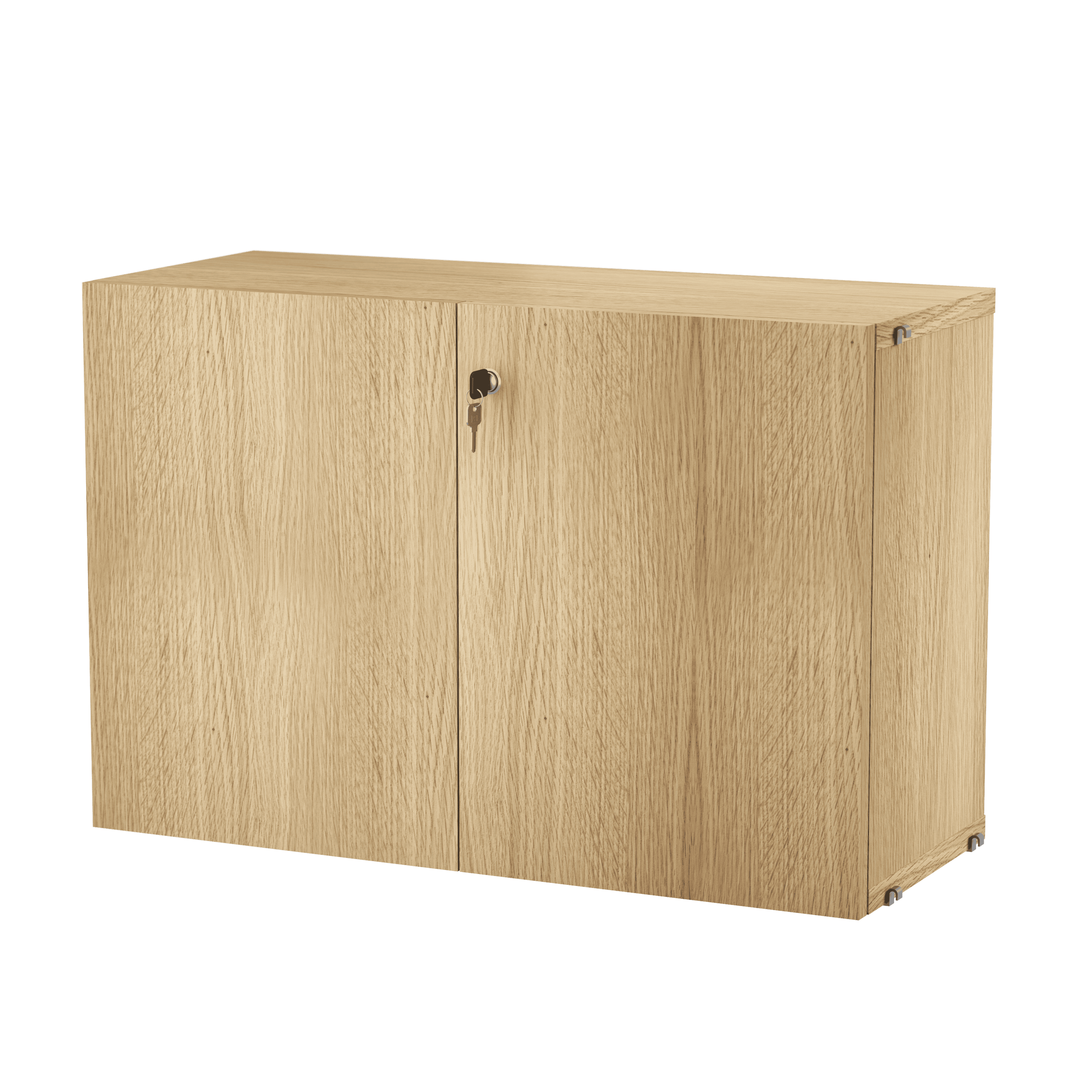 Cabinet with lock is available in one width, 78 cm, one depth, 32 cm, and one height, 52 cm. Combine it with floor panels from the String® System to create an optimal solution for your workspace, where you can store all your binders, cables, papers, and similar items. The doors are equipped with push-open fittings, and the right-hand door is lockable (two keys included). The inner dimensions of the cabinet are: w74 x d29 x h47 cm, and it has two inner shelves that can be adjusted to any height.