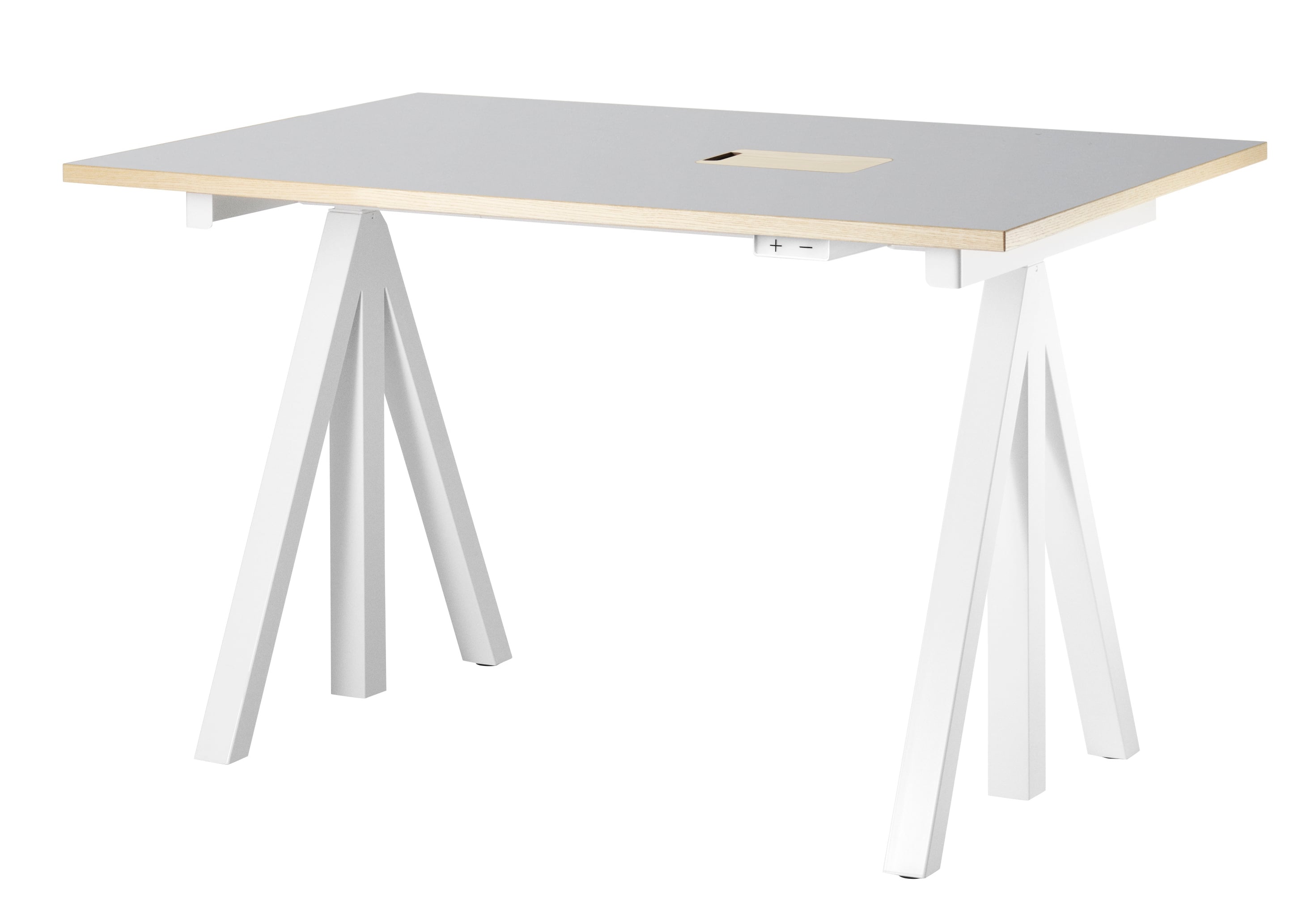 Height-adjustable work desk 120x78 White/Light grey linoleum with edging in ash