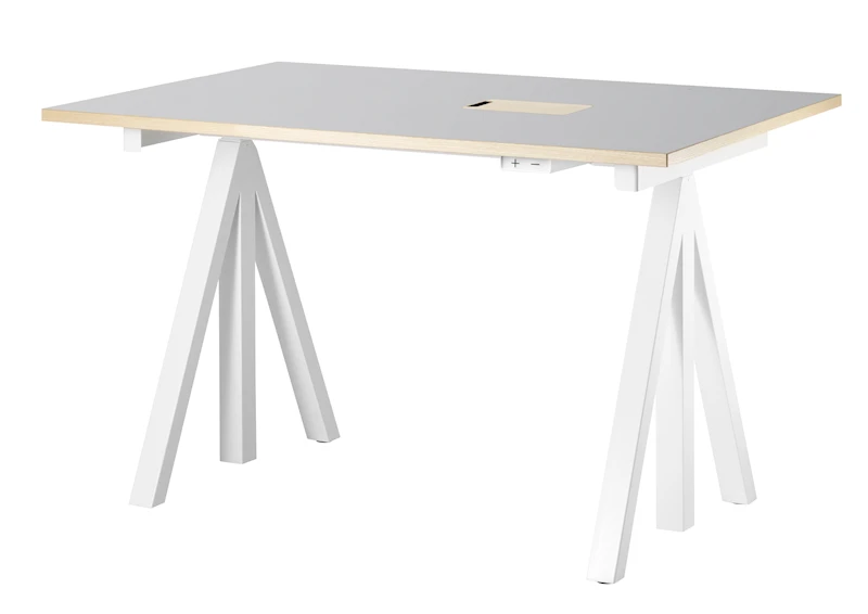 Height-adjustable work desk 120x78 White/Light grey linoleum with edging in ash