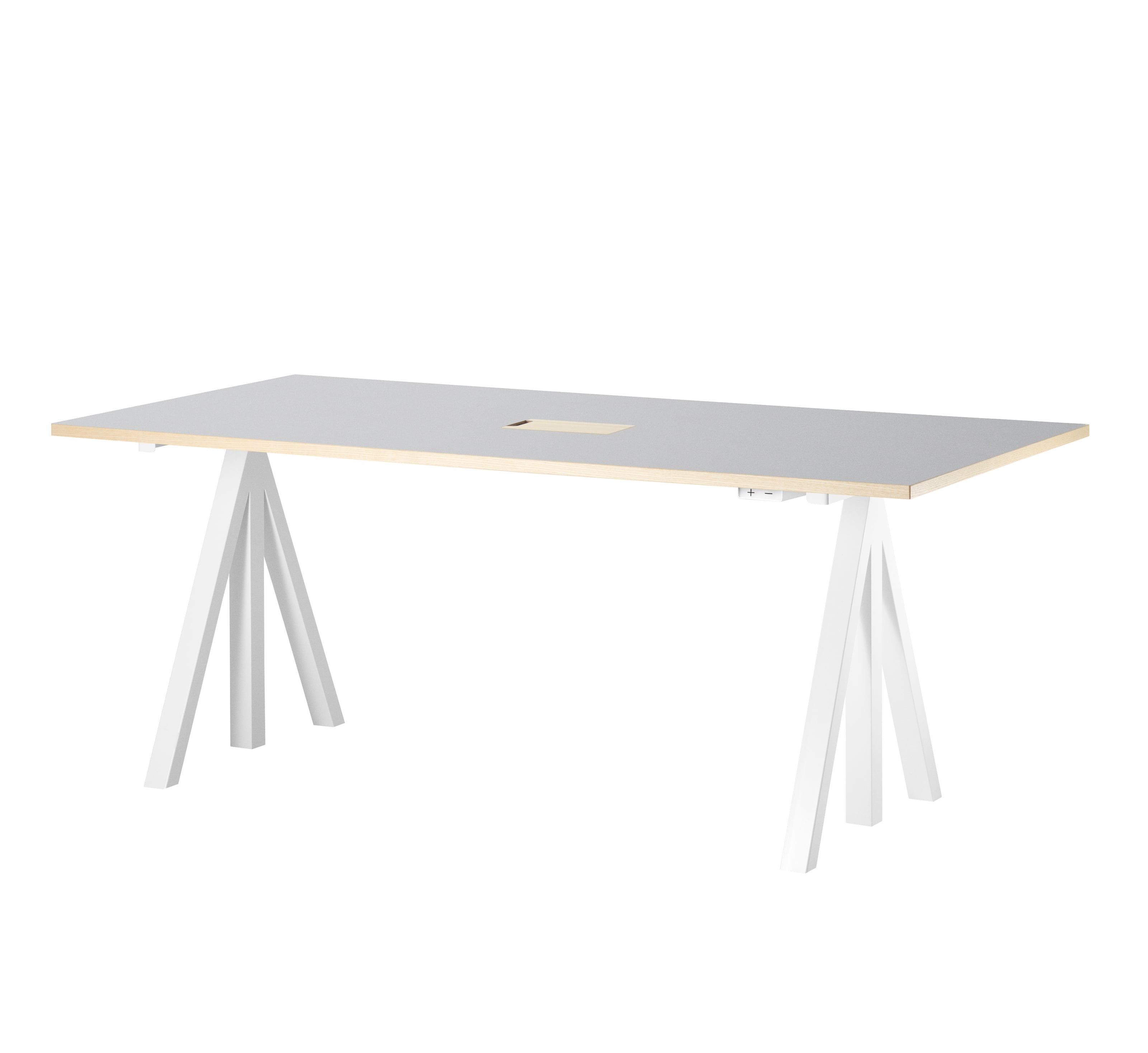 Height-adjustable work desk 180x90 White/Light grey linoleum with edging in ash