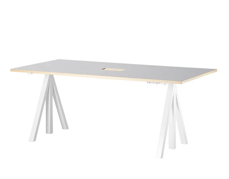 Height-adjustable work desk 180x90 White/Light grey linoleum with edging in ash