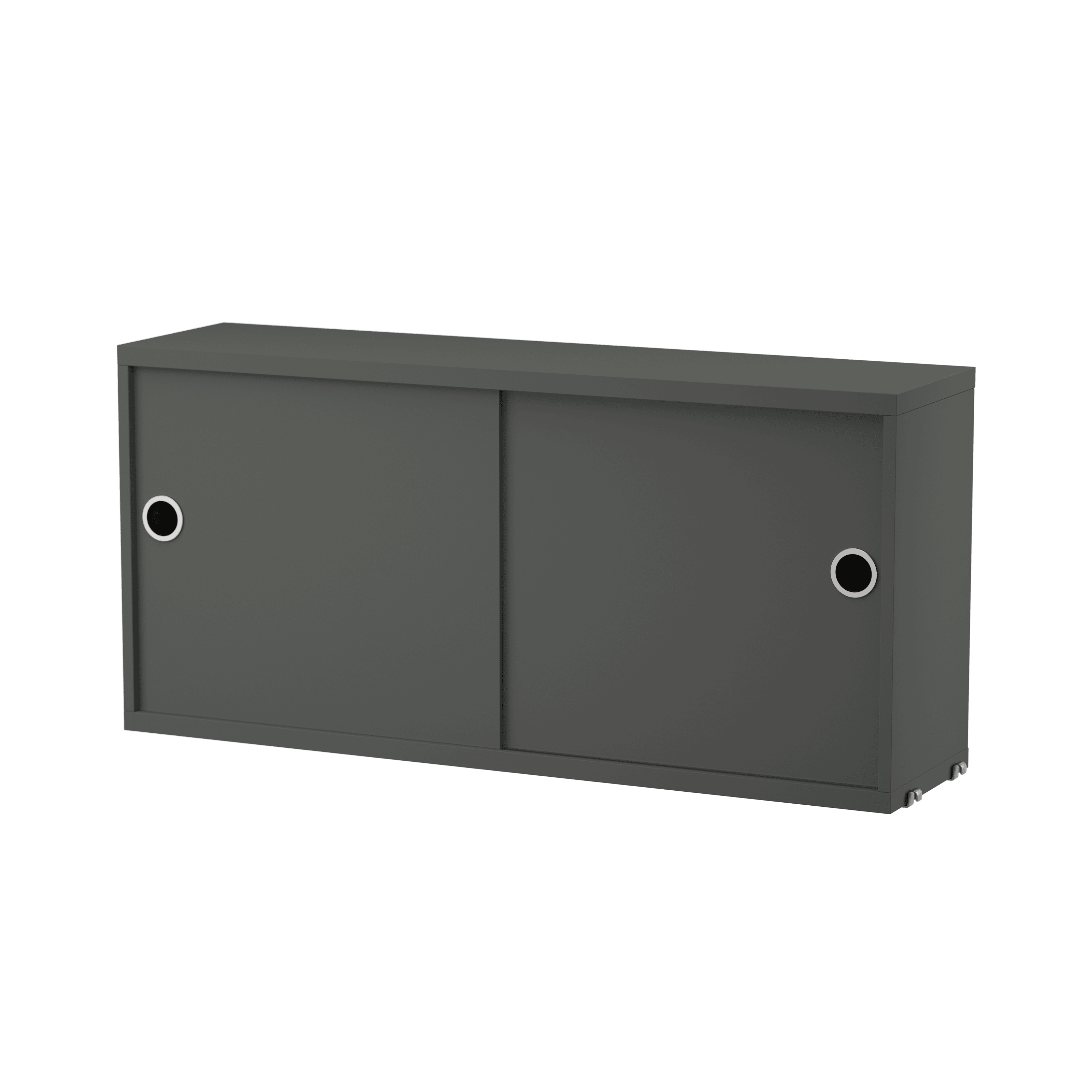 The cabinets with sliding doors are available in one width, 78 cm, along with two depths, 20 and 30 cm. The cabinets fit into all wire and plex panels from String® System. It is visually pleasing to add a bolder element to your shelf, like a cabinet, which also give you a lot of extra storage. The cabinet consists of one divider placed in the middle along with two adjustable inner shelves. The cabinet’s inner dimensions are 4 cm less than the outer dimensions. The cabinets are delivered unassembled.