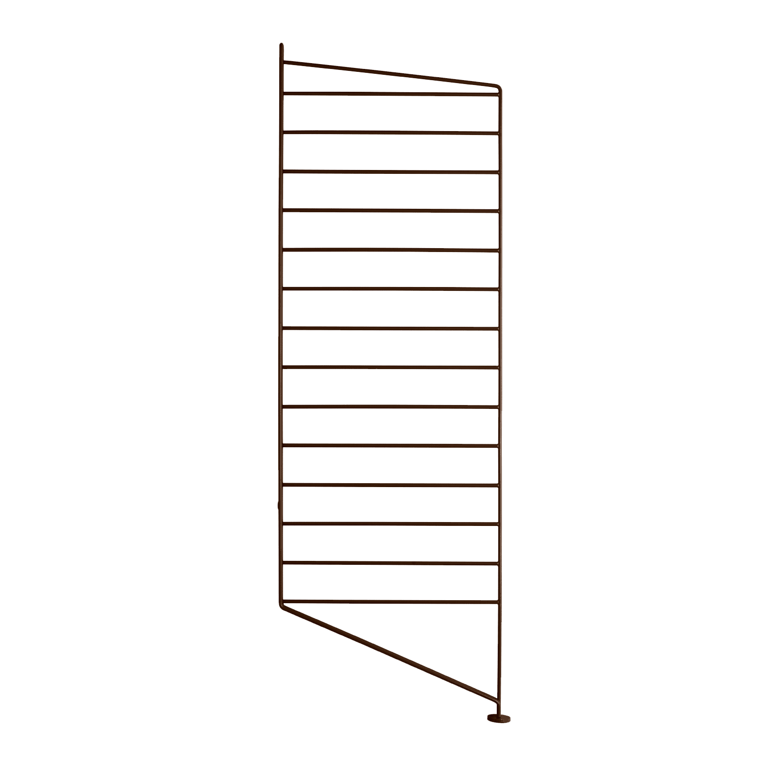 The floor panels are available in three heights, 85 cm, 115 cm, 200 cm along with one depth, 30 cm. The panels are the base when building your string shelf. When the panels are decided you can start adding products with 30 cm depth from String® System. Choose among shelves, cabinets, drawers, magazine shelves and more. The foot of the floor panel rests against the floor which makes the shelf stable while appearing light and airy. Make your shelf even more functional and unique by adding organizers, knife holder or a magazine holder, which all are placed on the panel’s threads. The panels come in two different packaging’s, either with one floor panel or two floor panels.