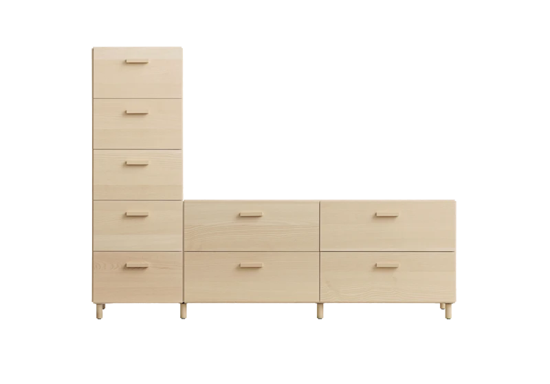 One low and one tall Relief drawer with legs  Ash