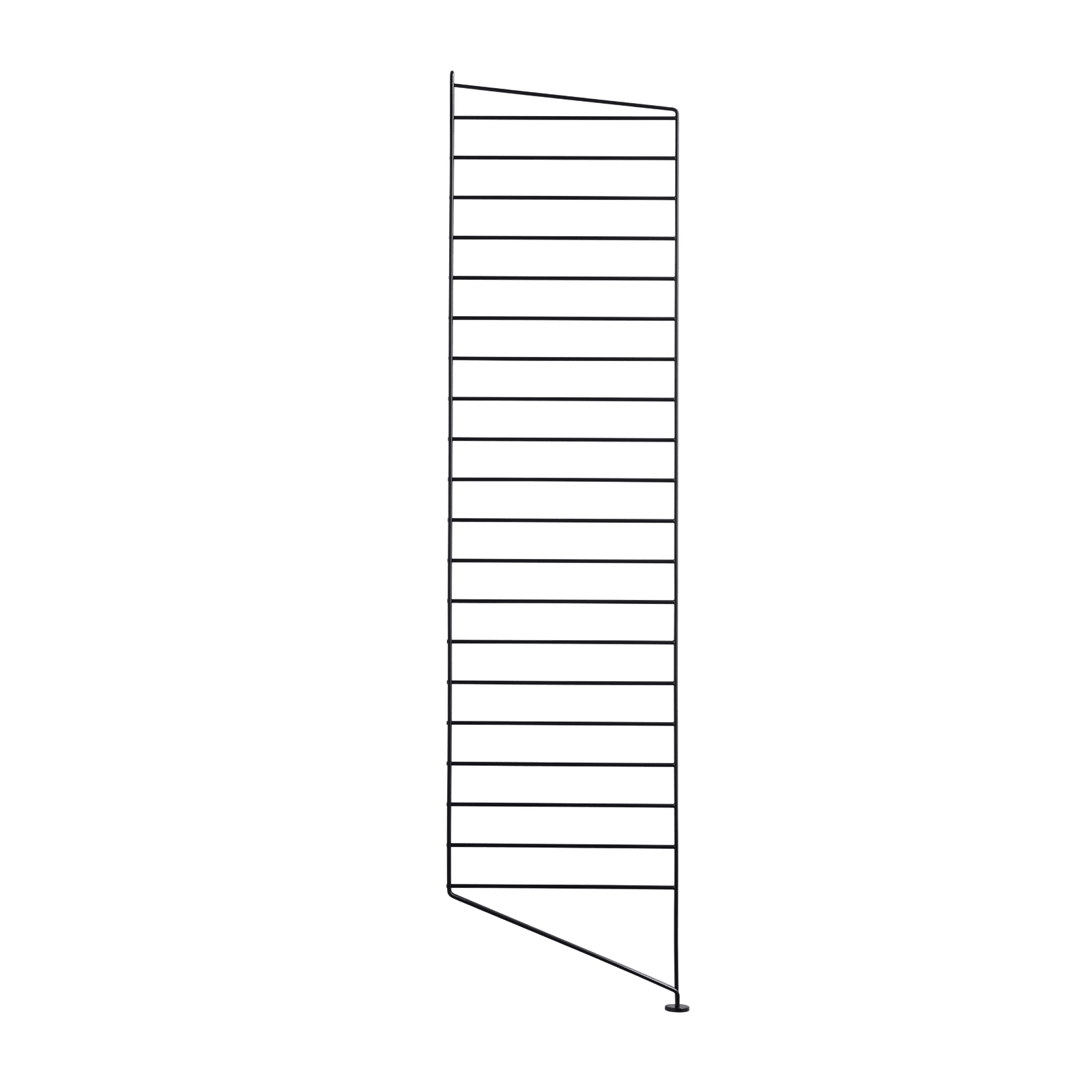 The floor panels are available in three heights, 85 cm, 115 cm, 200 cm along with one depth, 30 cm. The panels are the base when building your string shelf. When the panels are decided you can start adding products with 30 cm depth from String® System. Choose among shelves, cabinets, drawers, magazine shelves and more. The foot of the floor panel rests against the floor which makes the shelf stable while appearing light and airy. Make your shelf even more functional and unique by adding organizers, knife holder or a magazine holder, which all are placed on the panel’s threads. The panels come in two different packaging’s, either with one floor panel or two floor panels.