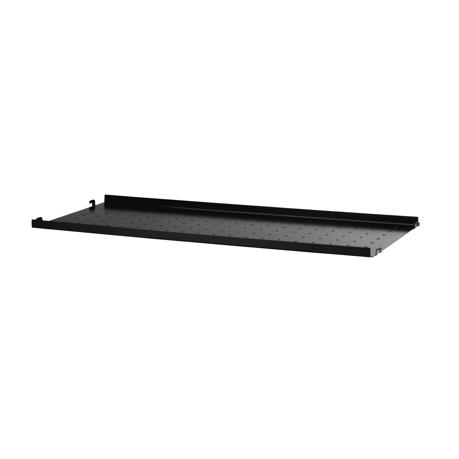 The metal shelves with low edge are available in two widths, 58 and 78 cm, along with two depths, 20 and 30 cm. The shelves are easy to move around and fit into wire and plex panels from String® System if the shelves and panels have the same depth. The 2 cm high edge makes the shelves blend right into a shelving combination with wooden shelves. The perforated shelves are the optimal base to be creative with our accessories. Add hooks, rods, or hanger racks to design your own unique shelf. Each packaging contains one metal shelf.