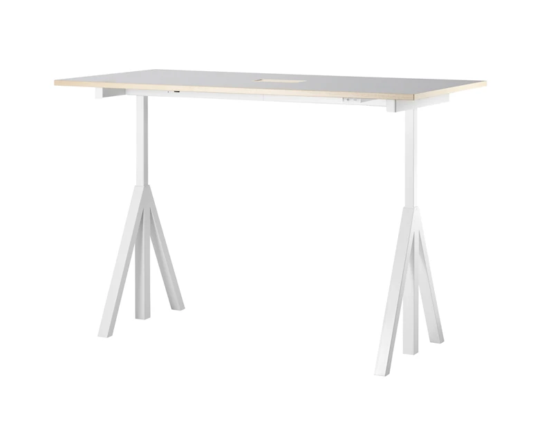 Height-adjustable work desk 180x90 White/Light grey linoleum with edging in ash